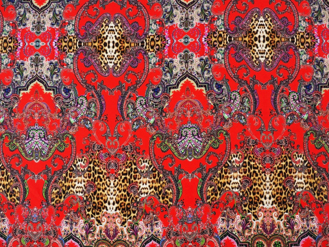 czerwony jedwab w orientalne ornamenty i panterkę czerwony jedwab w orientalne ornamenty i panterkę