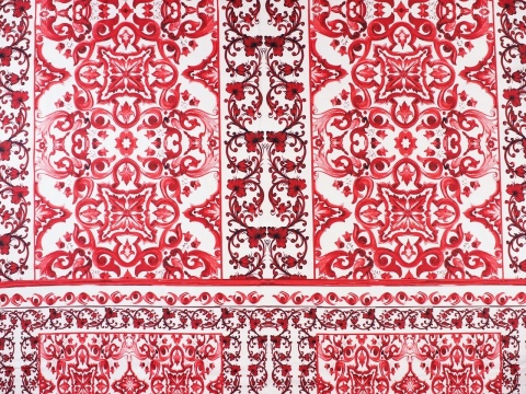 biała bawełna w czerwony wzór w kafle z roślinnymi ornamentami biała bawełna w czerwony wzór w kafle z roślinnymi ornamentami