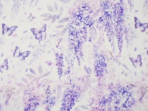 biały jedwab w fioletowe wisterie i motyle