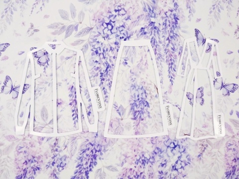 biały jedwab w fioletowe wisterie i motyle