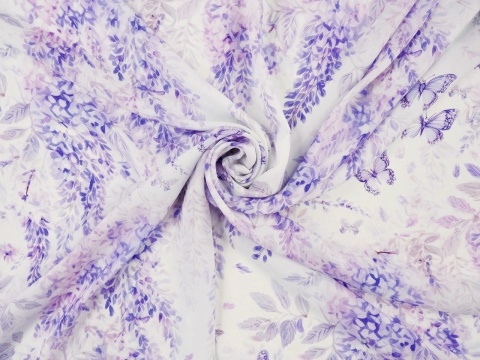 biały jedwab w fioletowe wisterie i motyle
