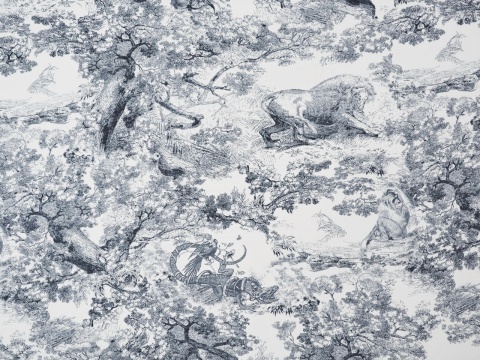 jedwab w granatowe rysunki drzew i zwierząt w stylu Toile do Jouy