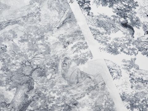 jedwab w granatowe rysunki drzew i zwierząt w stylu Toile do Jouy