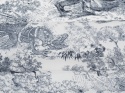 jedwab w granatowe rysunki drzew i zwierząt w stylu Toile do Jouy