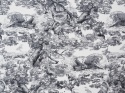 biały jedwab w granatowe rysunki drzew i zwierząt w stylu Toile do Jouy