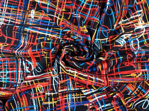 czarny jedwa w kolorową, abstrakcyjną kratkę i napisy