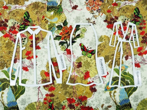 satynowy jedwab w orientalny wzór w kwiaty i ptaki