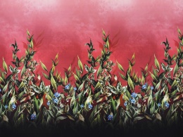 ciemno różowy jedwab z roślinnym motywem