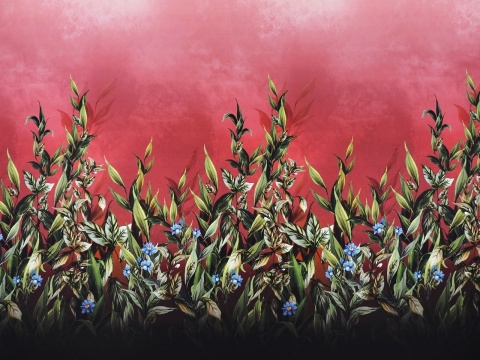 ciemno różowy jedwab z roślinnym motywem