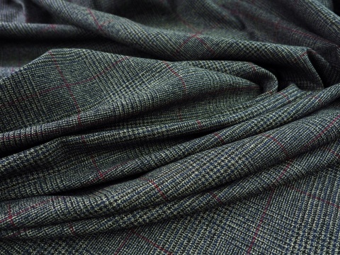 tkanina wełniana ciemno szara z bordową kratką
