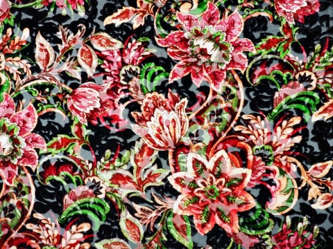 welur devore w indyjskie kwiaty na czerni