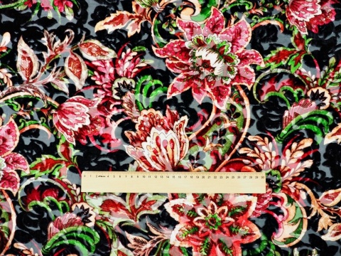 welur devore w indyjskie kwiaty na czerni