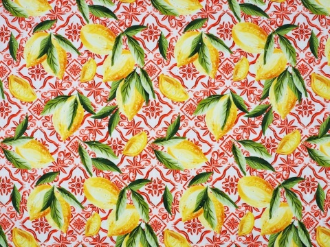 bawełna ażurowa w cytryny i czerwone ornamenty na białym tle