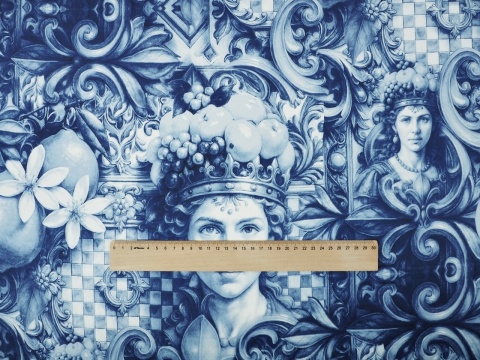 niebieski jedwab w motywy z sycylijskiego folkloru