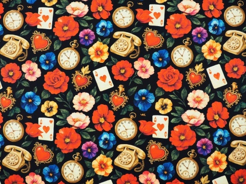 jedwab w kolorowe kwiaty, asy, telefony, zegarki i serca na czarnym tle