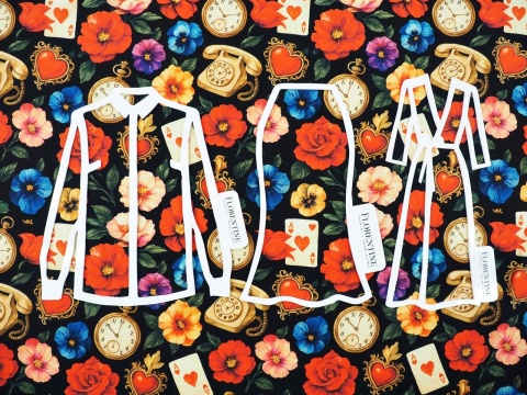 jedwab w kolorowe kwiaty, asy, telefony, zegarki i serca na czarnym tle