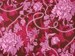 bordowy jedwab w róże peonie i łańcuszki