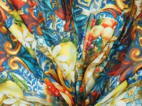 jedwab szyfon w motywy z sycylijskiego folkloru
