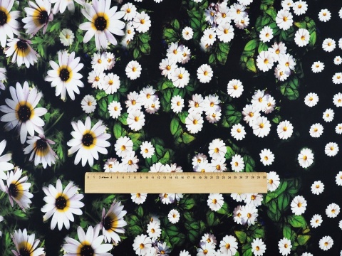 czarny jedwab twill w białe kwiaty i zielone listki