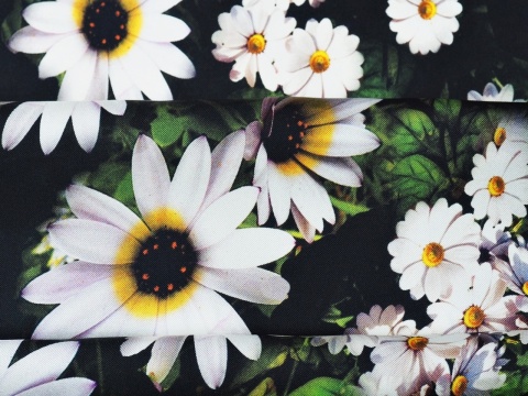 czarny jedwab twill w białe kwiaty i zielone listki