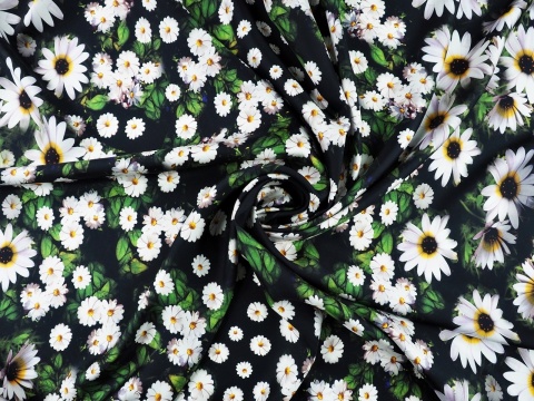 czarny jedwab twill w białe kwiaty i zielone listki