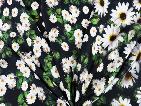 czarny jedwab twill w białe kwiaty i zielone listki