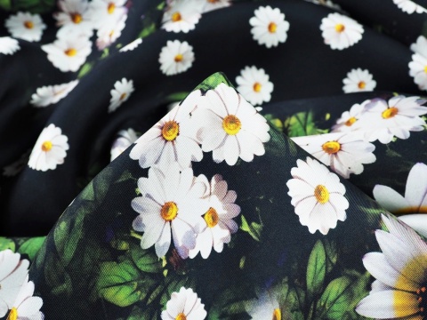 czarny jedwab twill w białe kwiaty i zielone listki