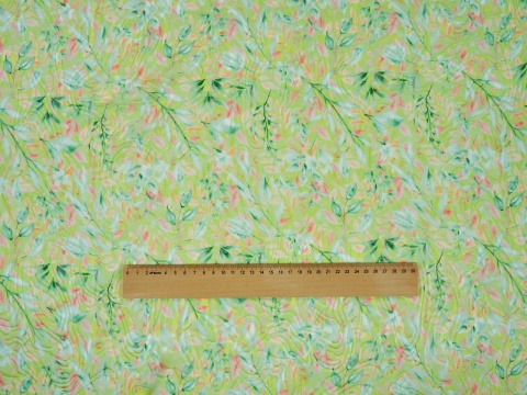 jedwab z wiskozą devore w zielone i brzoskwiniowe listki