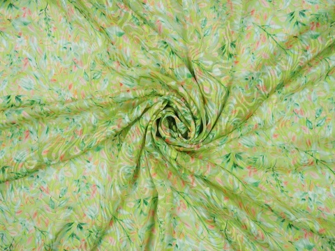 jedwab z wiskozą devore w zielone i brzoskwiniowe listki