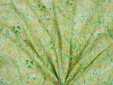 jedwab z wiskozą devore w zielone i brzoskwiniowe listki