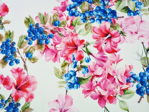 biała tkanina w duże, różowe kwiaty i niebieskie borówki amerykańskie