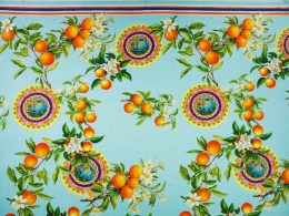 len z wiskozą w kolorze błękitu w pomarańcze i medaliony z krajobrazem