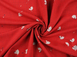 czerwona wełna w drobną kratkę i szare listki