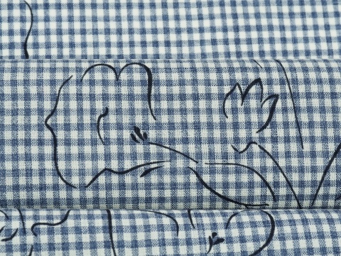 wełna w biało-niebieską, drobną kratkę i czarne szkice kwiatów