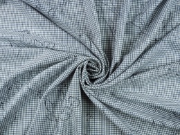 wełna w biało-niebieską, drobną kratkę i czarne szkice kwiatów