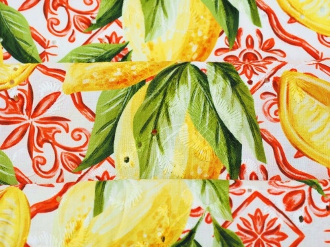 bawełna ażurowa w cytryny i czerwone ornamenty na białym tle