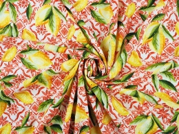 bawełna ażurowa w cytryny i czerwone ornamenty na białym tle