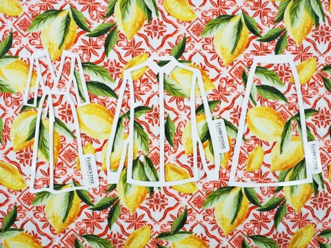 bawełna ażurowa w cytryny i czerwone ornamenty na białym tle