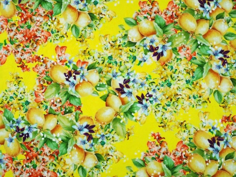 żółta bawełna ażurowa w gęste kwiaty i cytryny