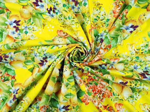 żółta bawełna ażurowa w gęste kwiaty i cytryny