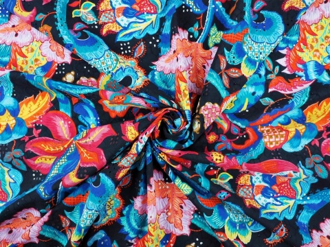 czarna bawełna ażurowa w kolorowe, indyjskie kwiaty