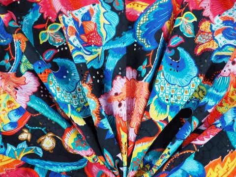 czarna bawełna ażurowa w kolorowe, indyjskie kwiaty