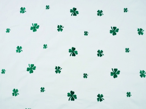 biała bawełna w haftowane, zielone koniczynki