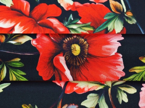 czarny jedwab w gęste, czerwone maki