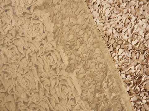 beżowy tiul z przestrzennymi aplikacjami w kształcie płatków kwiatów