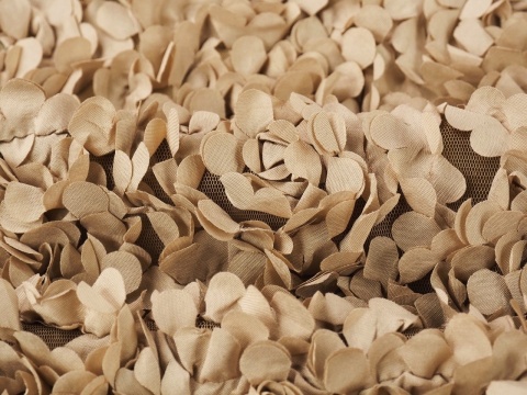 beżowy tiul z przestrzennymi aplikacjami w kształcie płatków kwiatów