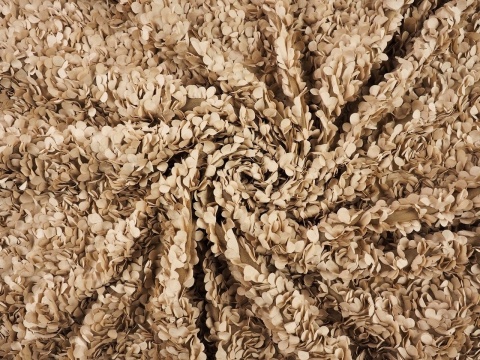 beżowy tiul z przestrzennymi aplikacjami w kształcie płatków kwiatów