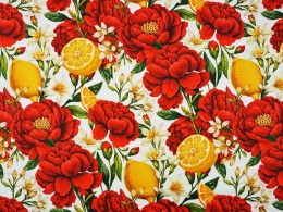 wiskoza w białe i czerwone kwiaty oraz żółte cytryny