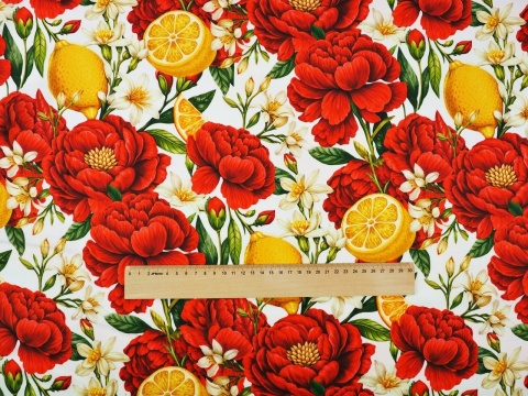 wiskoza w białe i czerwone kwiaty oraz żółte cytryny