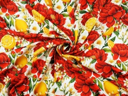 wiskoza w białe i czerwone kwiaty oraz żółte cytryny